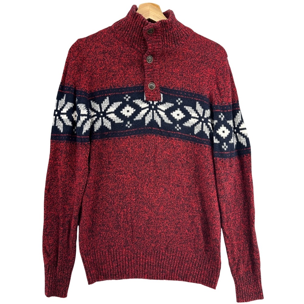 American Eagle Fair Isle Snowflake Mock Neck Button Sweater Red Men XS Christmas